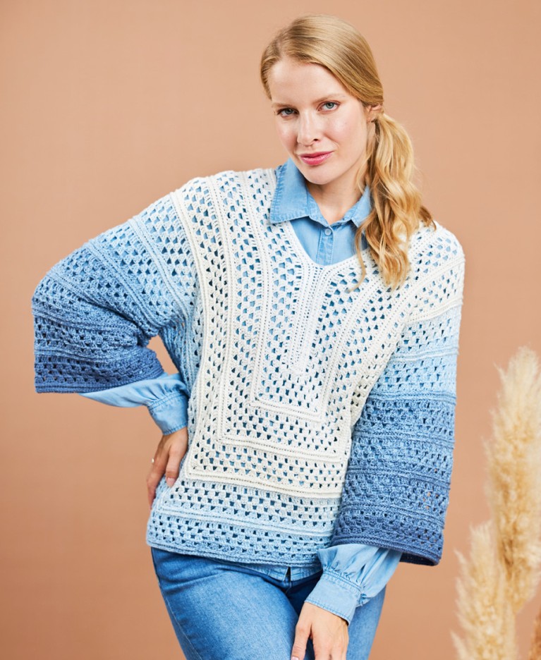 Artikelbild 1 des Artikels “Häkelpullover Sky-Line aus Woolly Hugs Bobbel Cotton 64 - grau/orange/rost | 36-40 (400g)“
